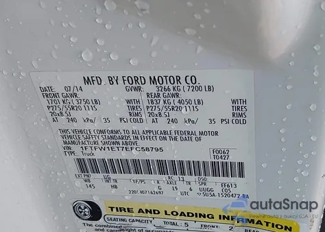 2014 Ford F-150 Lariat z USA, uszkodzony, nr VIN 1FTFW1ET7EFC58795